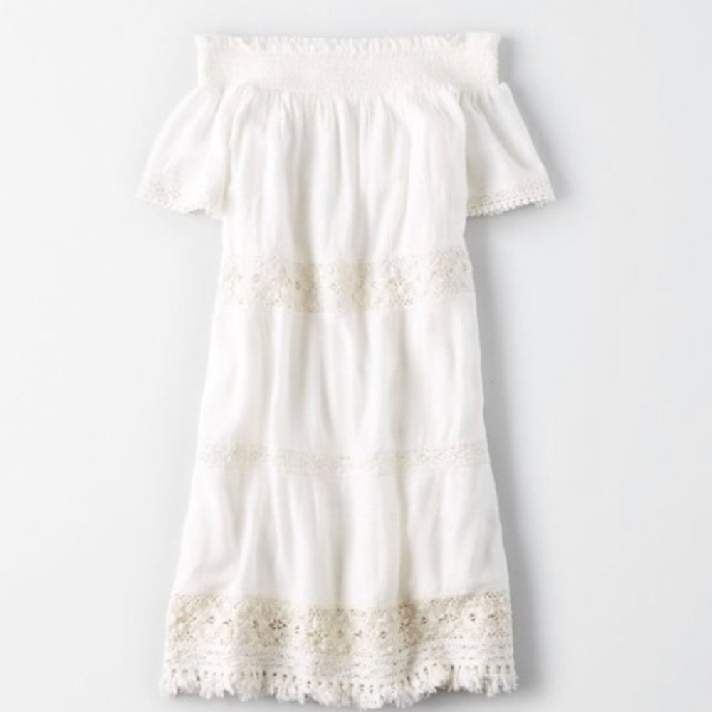 American Eagle Women's AE Off-The-Shoulder Crochet Lined Shift Dress